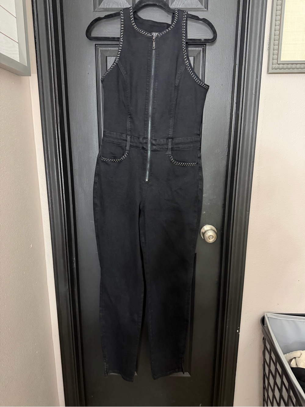 Guess Black Sleeveless Stud-Trim Zip-Front Jumpsuit